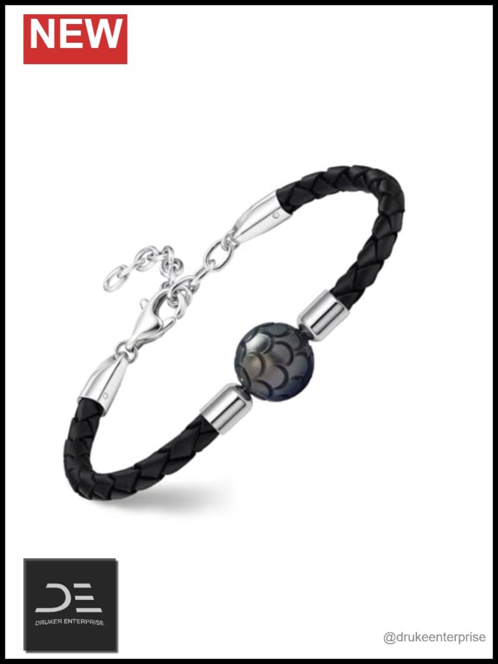 Hand-Carved Tahitian Pearl Braided Leather Bracelet, Stainless Steel Clasp,